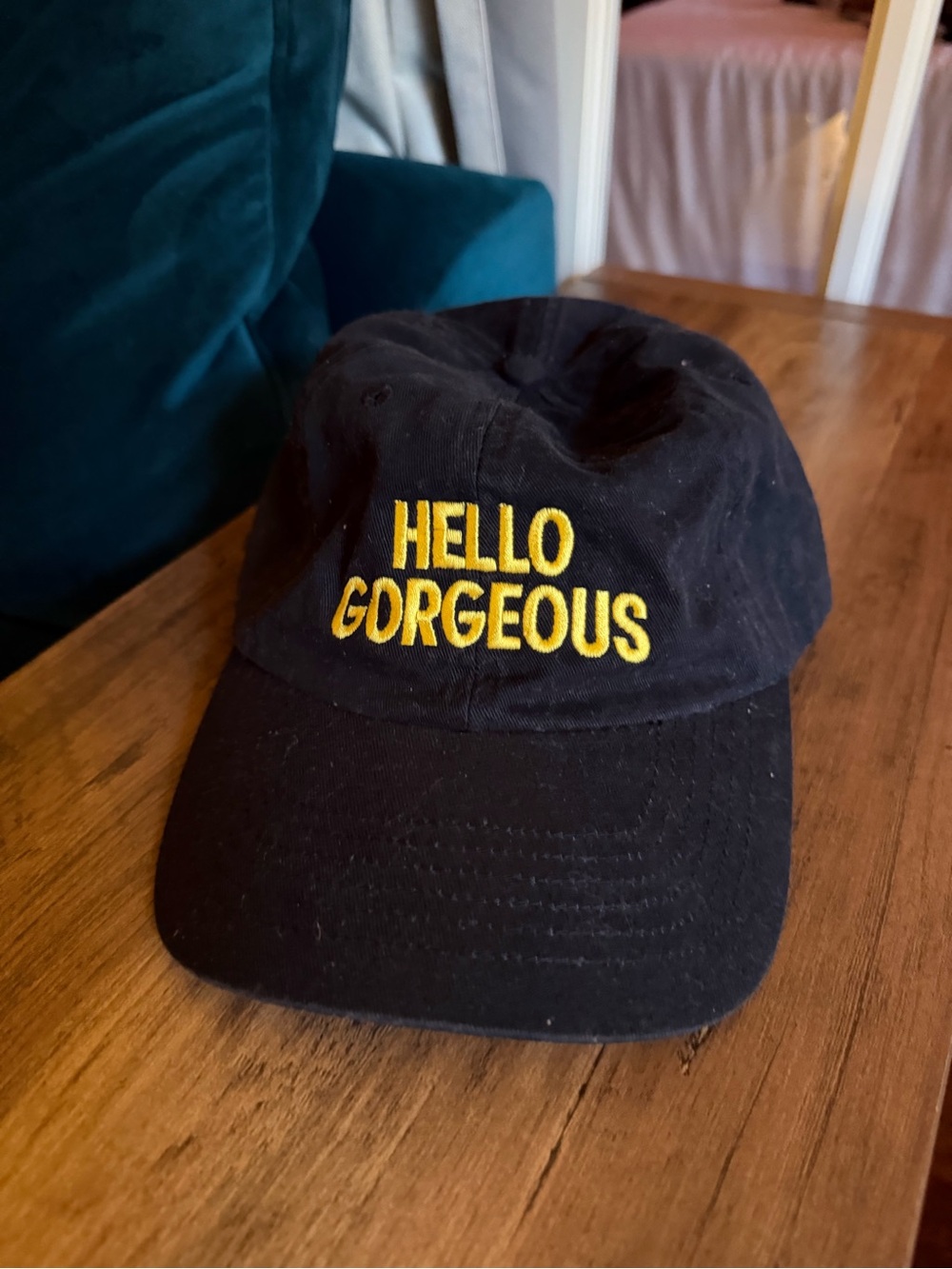 Black "Hello Gorgeous" Embroidered Baseball Cap - Funny Girl Broadway